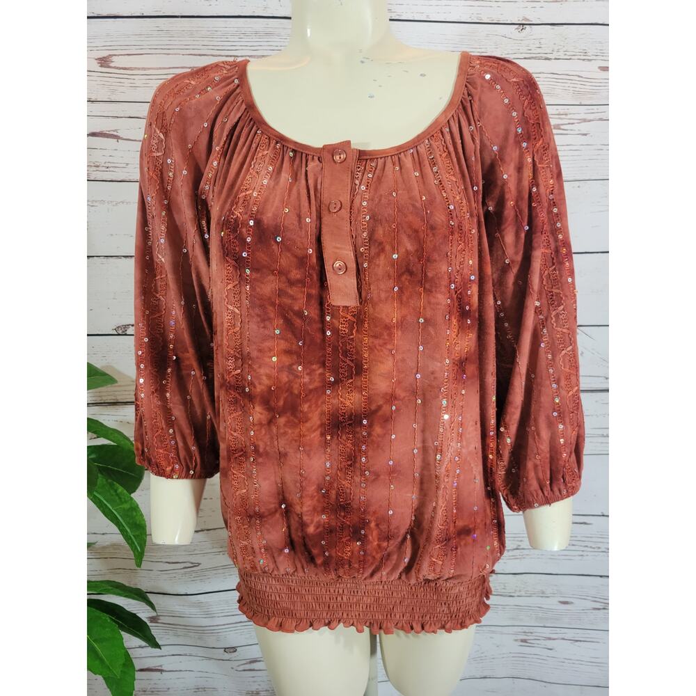 Dressbarn Top smocked shirring hem burnt umber sequin Tie Dye Size Large